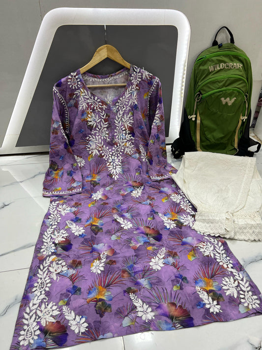 Lilac Smoke – Misty Lavender Printed Kurta with Whispering White Embroidery