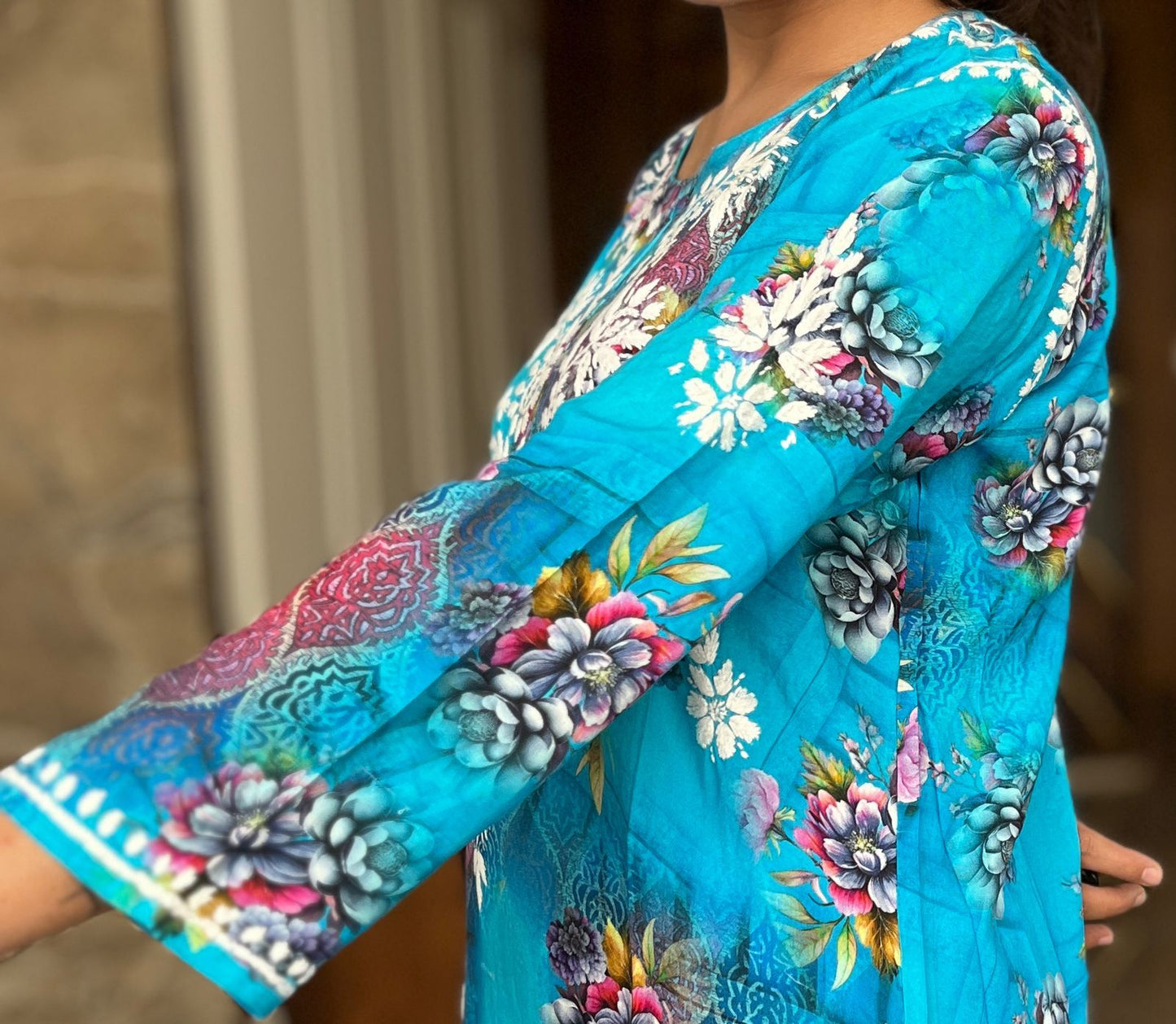 Celeste Charm – Aqua Blue Printed Kurta with Whispering White Embroidery