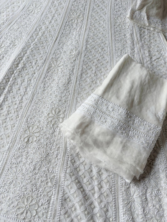 Dyeable Dream – Pure White Anarkali Set in Viscose Georgette with Double Jaal Chikankari & Pearl Highlights
