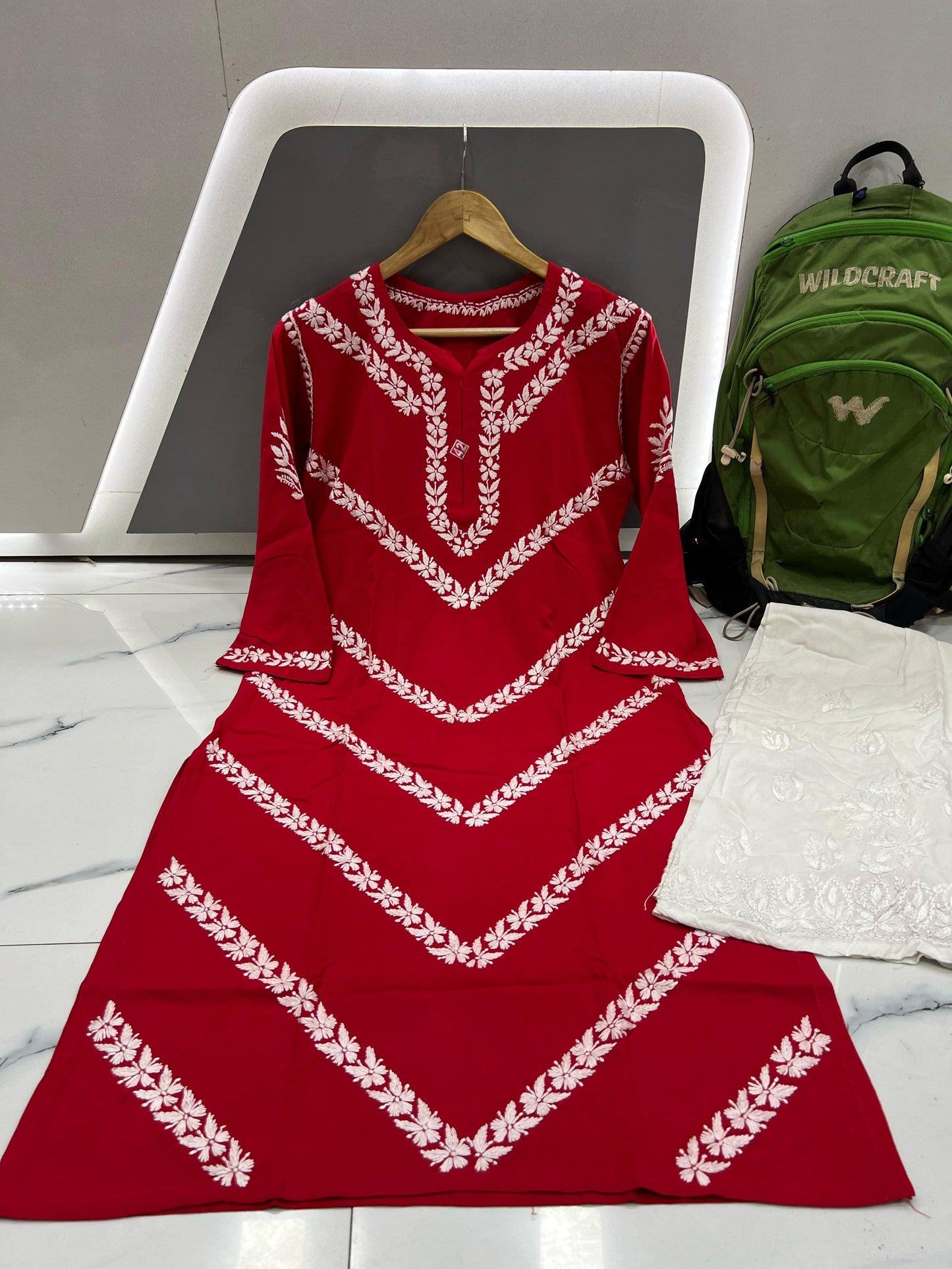 Ruby Veil – Pure Modal Kurta in Deep Red with Handcrafted White Chikankari