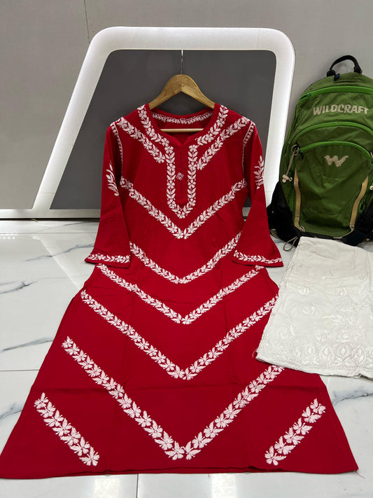 Ruby Veil – Pure Modal Kurta in Deep Red with Handcrafted White Chikankari