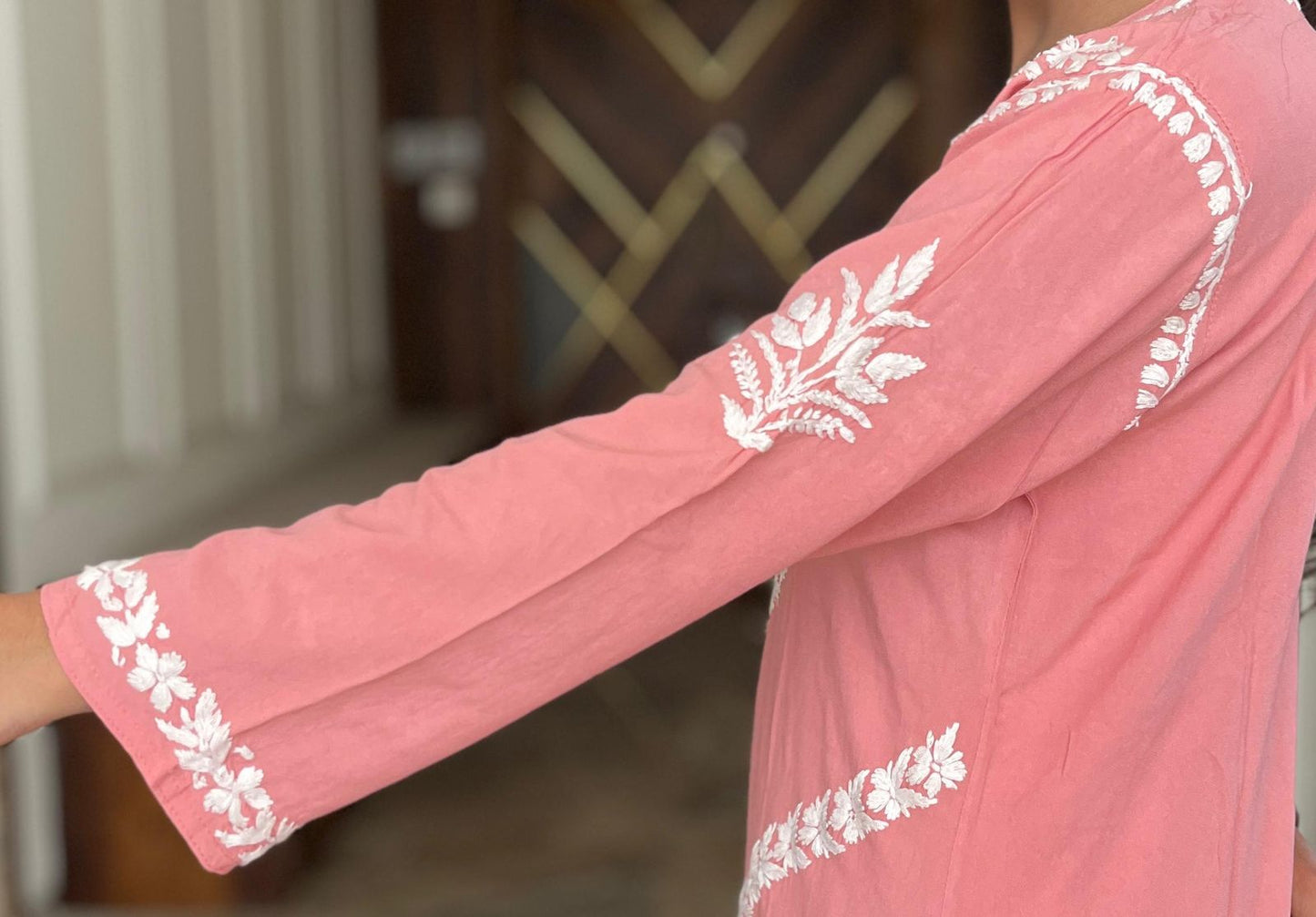 Powder Petal – Baby Pink Pure Modal Kurta with Ethereal White Embroidery