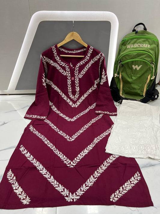 Maroon Rose – Rich Maroon Kurta in Modal with Whisper-Soft White Embroidery