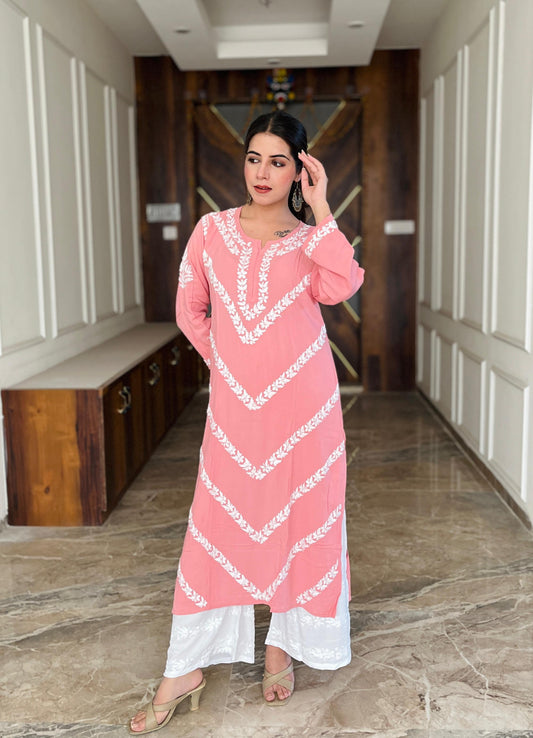 Powder Petal – Baby Pink Pure Modal Kurta with Ethereal White Embroidery