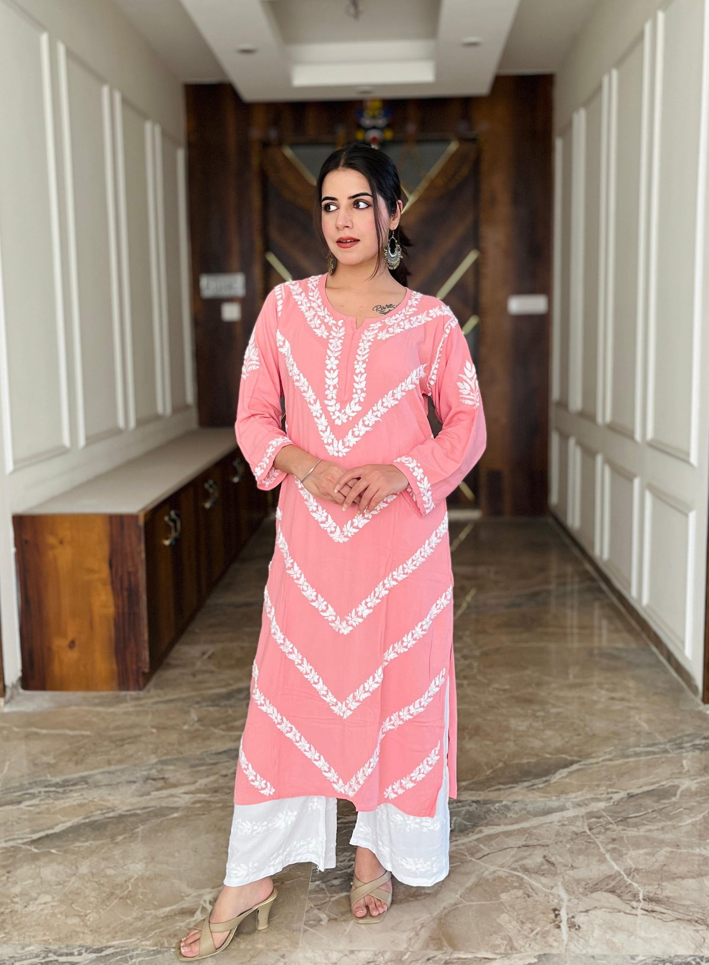 Powder Petal – Baby Pink Pure Modal Kurta with Ethereal White Embroidery