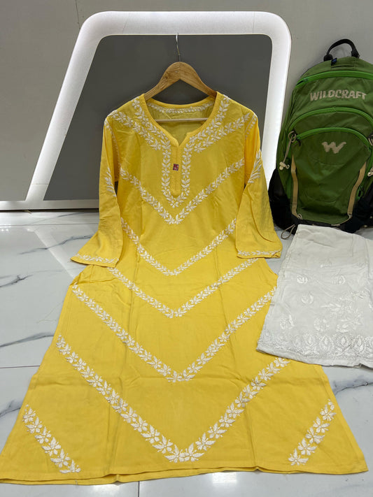 Haldi Haze – Pure Modal Kurta in Turmeric Yellow with Intricate White Thread Work