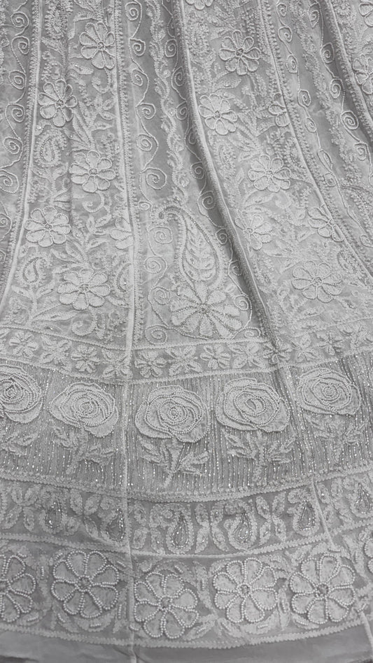 Ivory-Toned Viscose Georgette Anarkali-Dupatta Set with Delicate Pearl Cutdana & Chikankari Artistry
