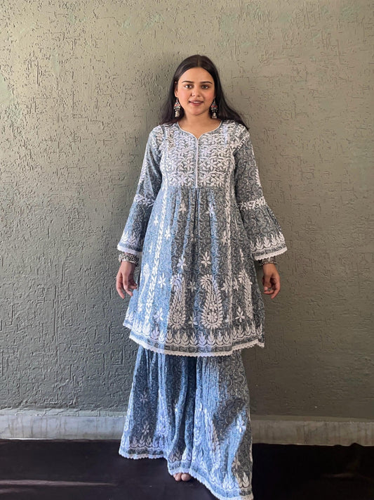 Moonlit Mist – Grey-Blue Bell Sleeves Co-Ord Set Draped in Mulmul with Lucknowi Chikankari and Subtle Lace