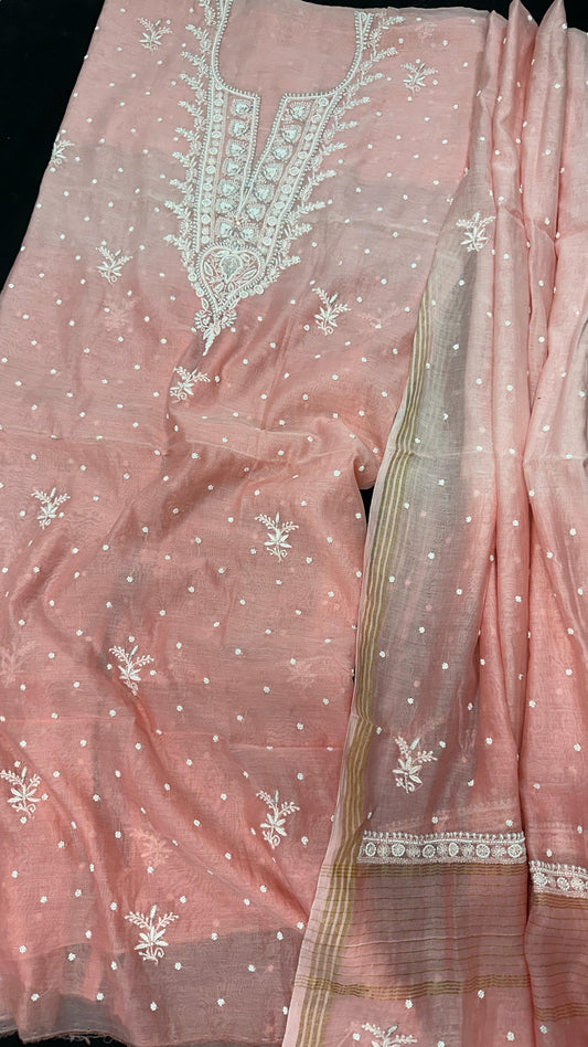 Antique Blush – Artisanal Mul Chanderi Kurta Dupatta Set with Lucknowi Chikankari, Adda, Cutdana, Teeki, Pearl, and Pitta Work