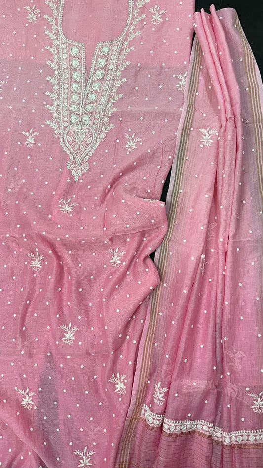 Vintage Pink Whisper – Artisanal Mul Chanderi Kurta Dupatta Set with Lucknowi Chikankari, Adda, Cutdana, Teeki, Pearl, and Pitta Work