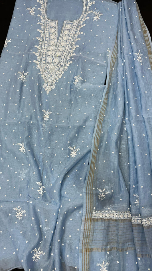 Powdered Steel Blue Whisper – Artisanal Mul Chanderi Kurta Dupatta Set with Lucknowi Chikankari, Adda, Cutdana, Teeki, Pearl, and Pitta Work