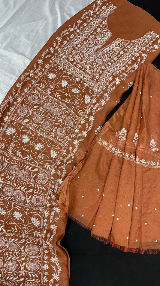 Rusted Cinnamon with White Thread – Artisanal Mul Chanderi Silk Kurta Dupatta Set with Lucknowi Chikankari, Adda, Cutdana, Teeki, Pearl & Pitta Work