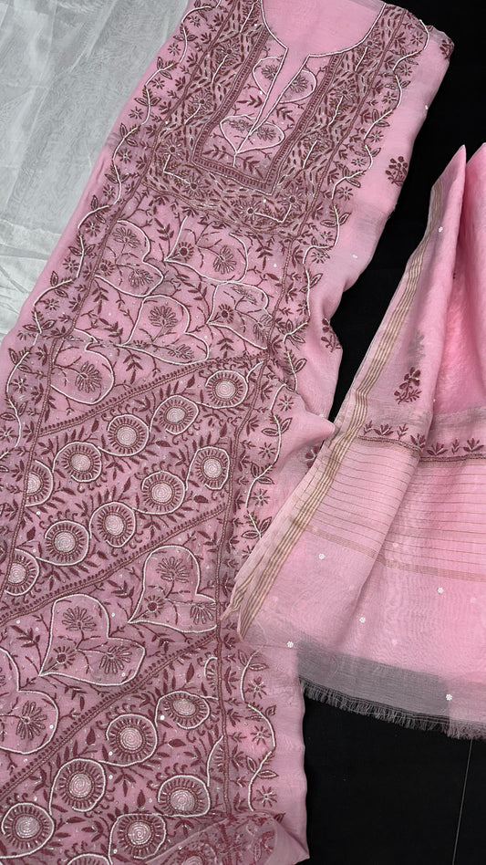 Dusky Rosewood Threads on Pink – Mul Chanderi Set with Chikankari, Adda, Teeki, Pearl & Cutdana Work