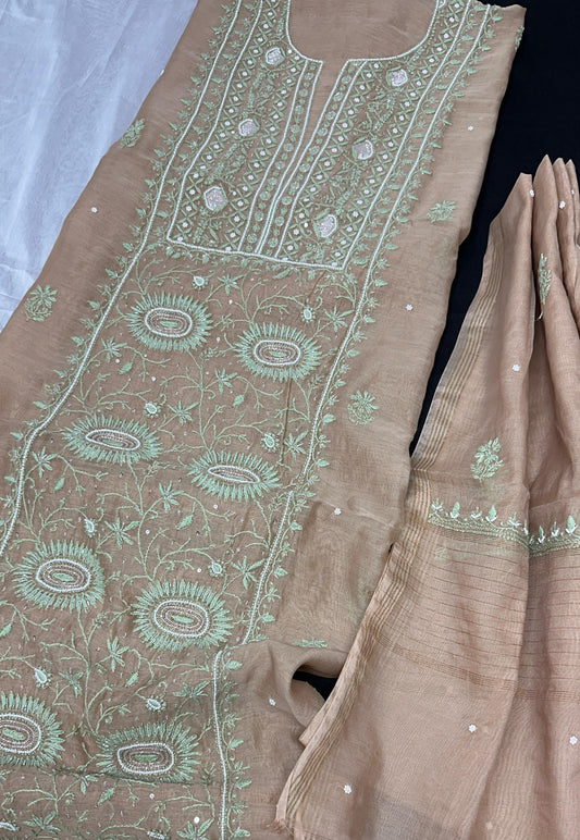 Dusty Cocoa Blush – Artisanal Mul Chanderi Kurta Dupatta Set with Lucknowi Chikankari and Luxe Adda-Cutdana Embellishments