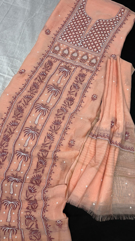 Blushed Clay with Cocoa Threads – Mul Chanderi Silk Set with Chikankari, Adda, Teeki, Pearl & Cutdana Work