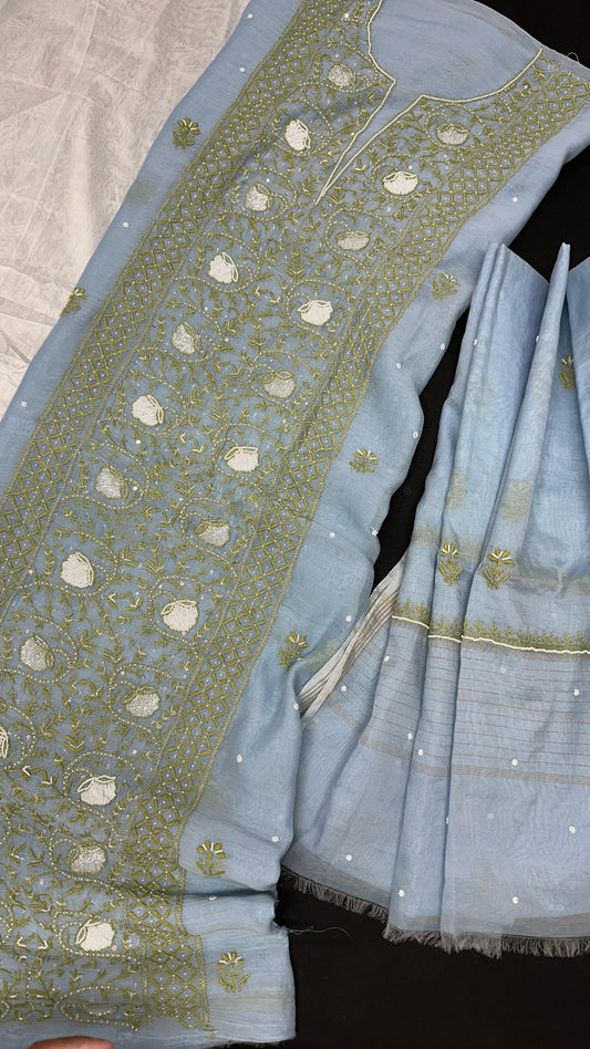 Dusky Mist Blue – Artisanal Mul Chanderi Silk Kurta Dupatta Set with Lucknowi Chikankari and Luxe Adda-Cutdana Embellishments