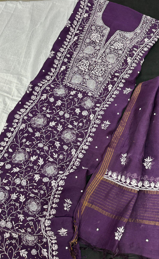 Purple Amethyst – Artisanal Mul Chanderi Kurta Dupatta Set with Lucknowi Chikankari and Luxe Adda-Cutdana Embellishments