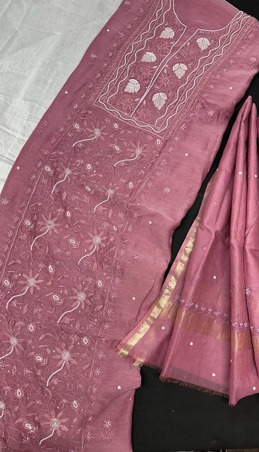 Dusty Rosewood Pink – Artisanal Mul Chanderi Silk Kurta Dupatta Set with Lucknowi Chikankari, Adda, Cutdana, Teeki, Pearl, and Pitta Work