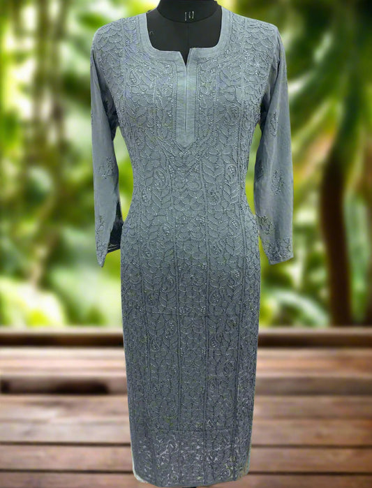 Fogstone Grey Haze – Ombre-Dyed Long Kurti in Viscose Georgette with Resham Chikankari