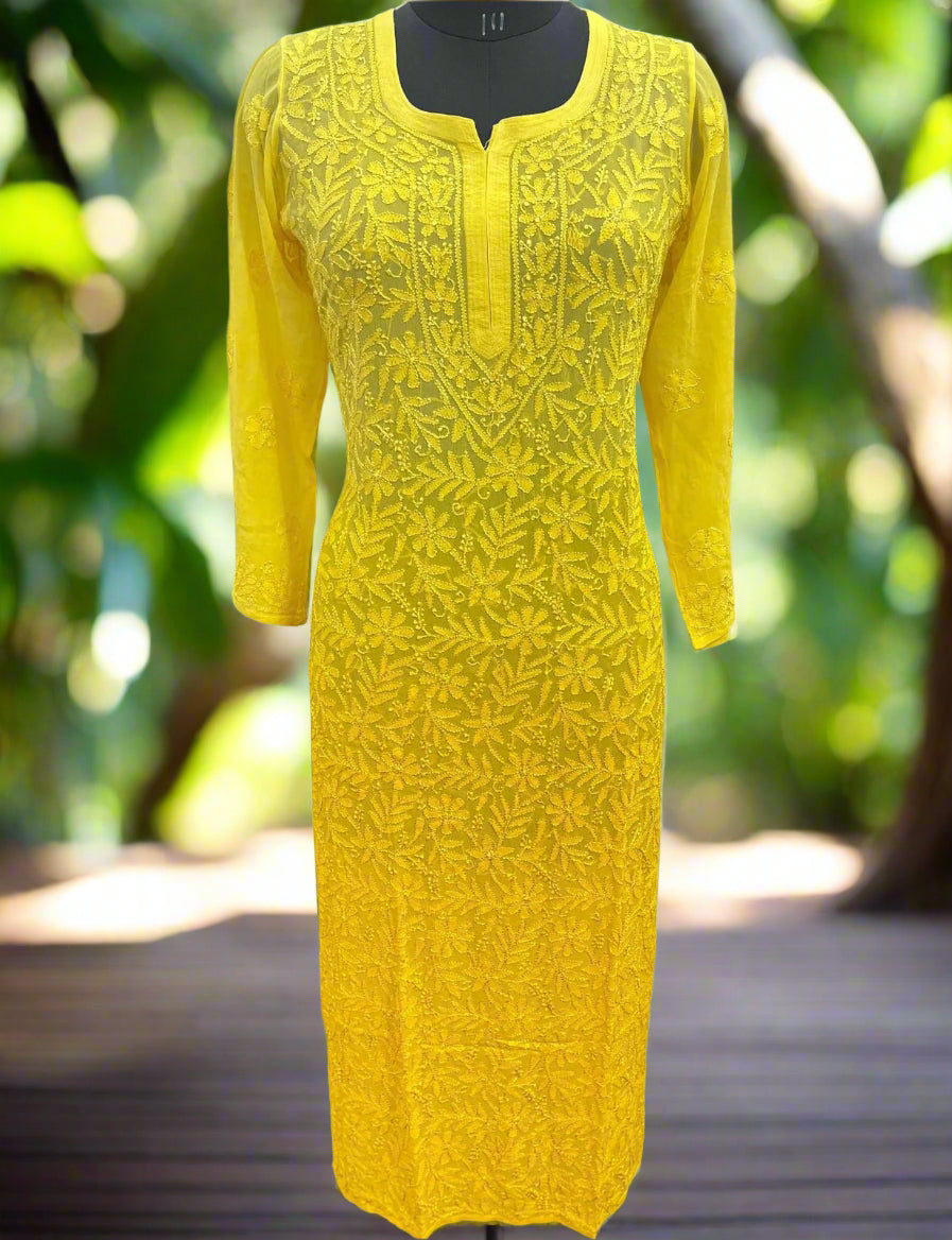 Mellow Saffron – Yellow Viscose Georgette Long Kurti with Artisanal Resham Work