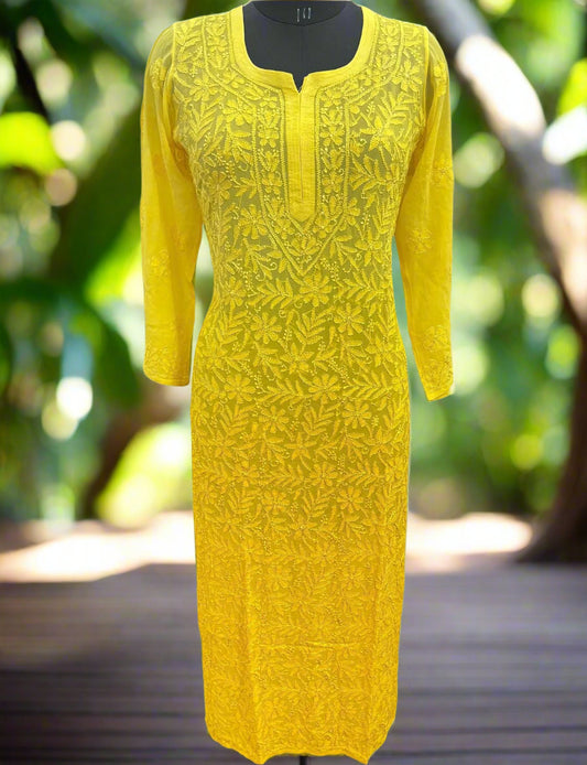 Mellow Saffron – Yellow Viscose Georgette Long Kurti with Artisanal Resham Work