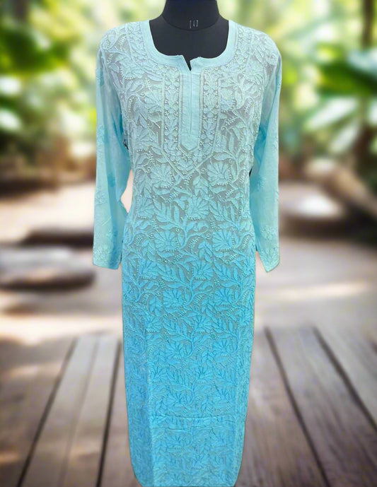 Frosted Aqua Mist Haze – Resham Chikankari on Ombre-Dyed Viscose Georgette Long Kurti