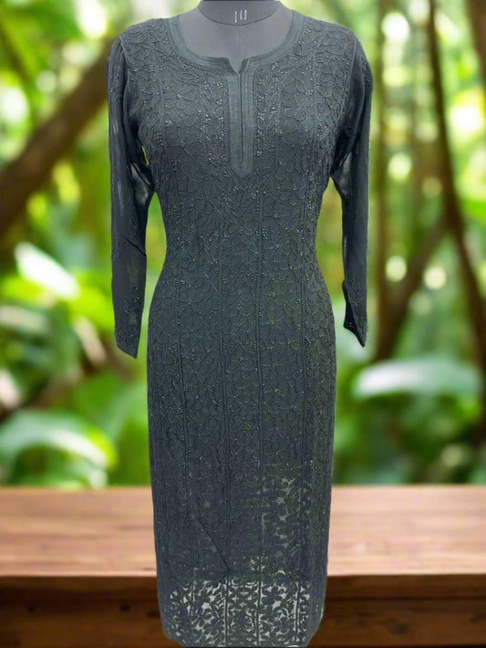 Midnight Noir – Resham Chikankari on Black Viscose Georgette Long Kurti