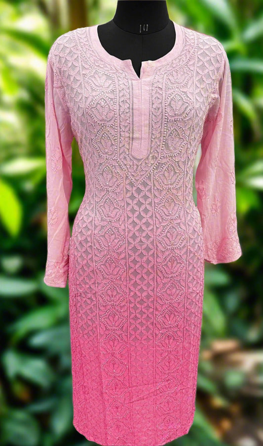 Ombre Bloom in Rose – Pink Shaded Long Kurti with Resham Embroidery