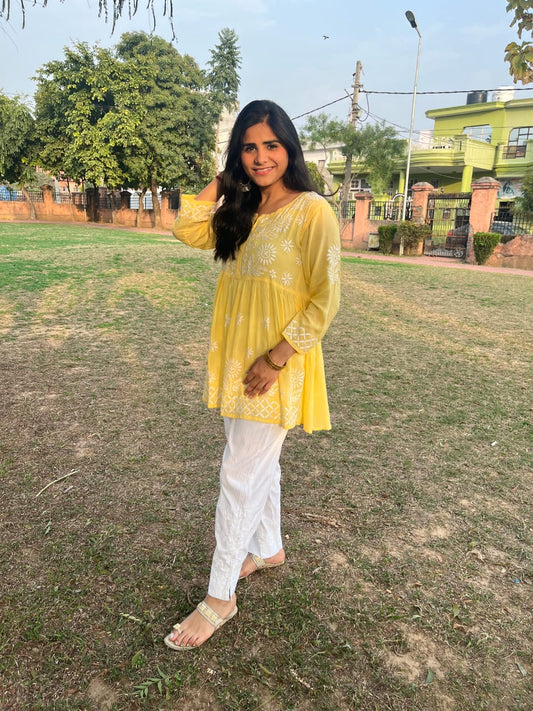 Majestic Yellow: Short Top & White Chikankari Pants – A Sophisticated Union of Timeless Design and Handcrafted Precision
