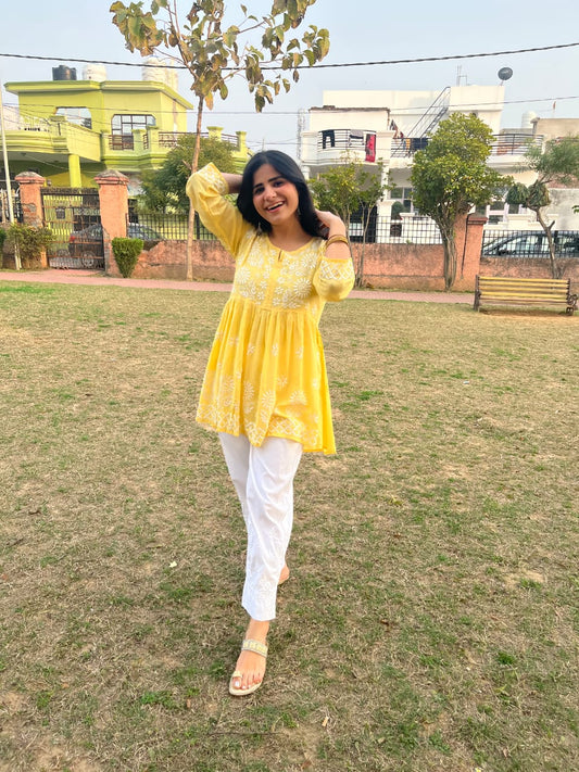 Majestic Yellow: Short Top & White Chikankari Pants – A Sophisticated Union of Timeless Design and Handcrafted Precision
